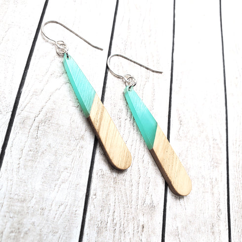 Aqua Blue Wood & Resin Teardrop Sterling Silver Earrings